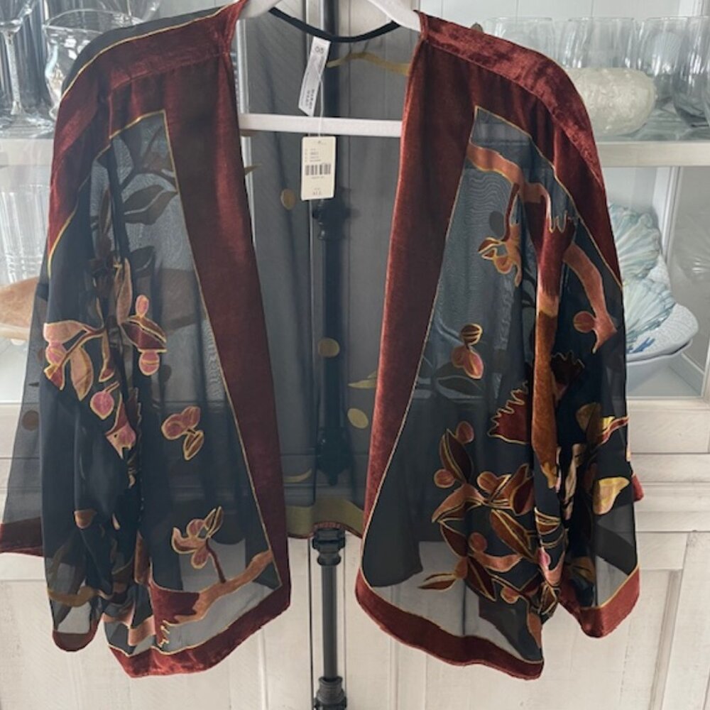 ANTHROPOLOGIE VELVET FLEUR KIMONO SHORT SHEER BLACK